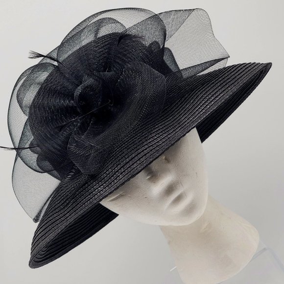 Kate Landry Black Hat with Feather Accent - Picture 1 of 16